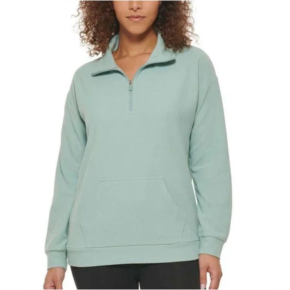 Andrew Marc Women's L Green Ribbed Quarter Zip Pullover Sweatshirt MNCC9004